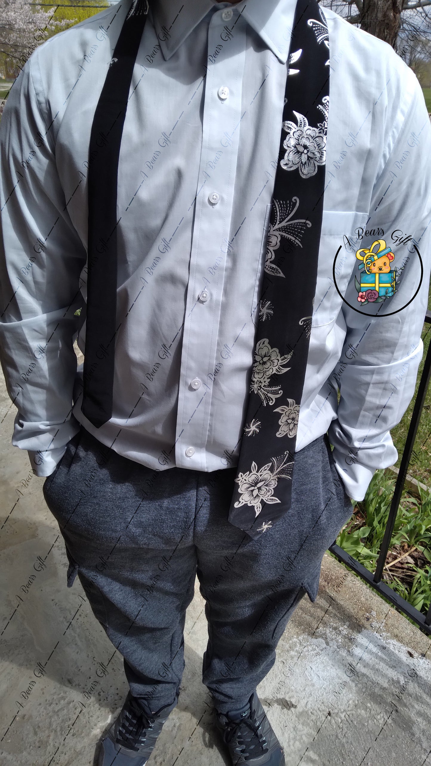 [CLEARANCE] Men Black Tie with Sliver Flower