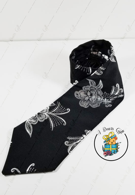 Men Black Tie with Sliver Flower