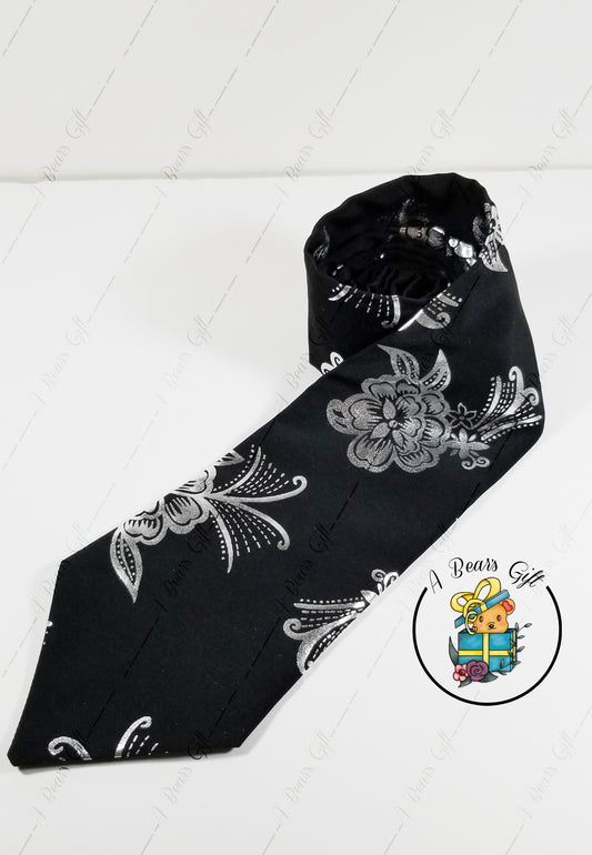 [CLEARANCE] Men Black Tie with Sliver Flower