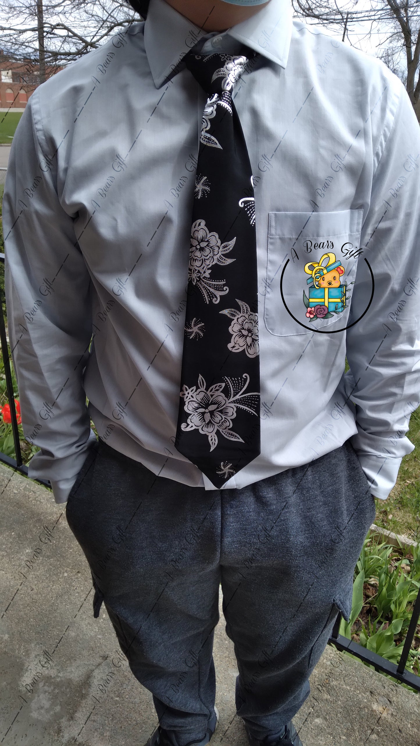 [CLEARANCE] Men Black Tie with Sliver Flower