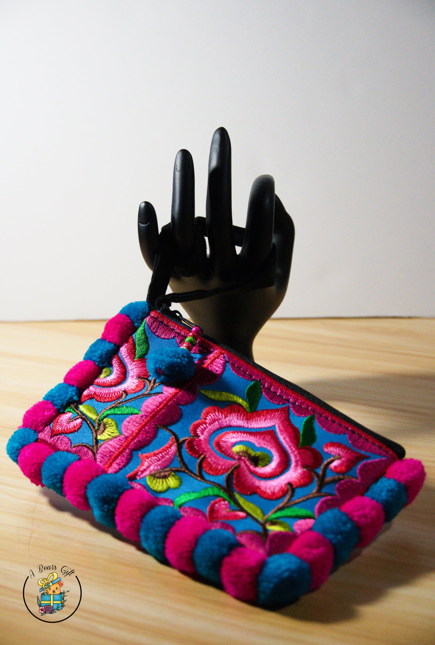 [CLEARANCE] Embroidery Zipper Pouch W/ Hand Strap